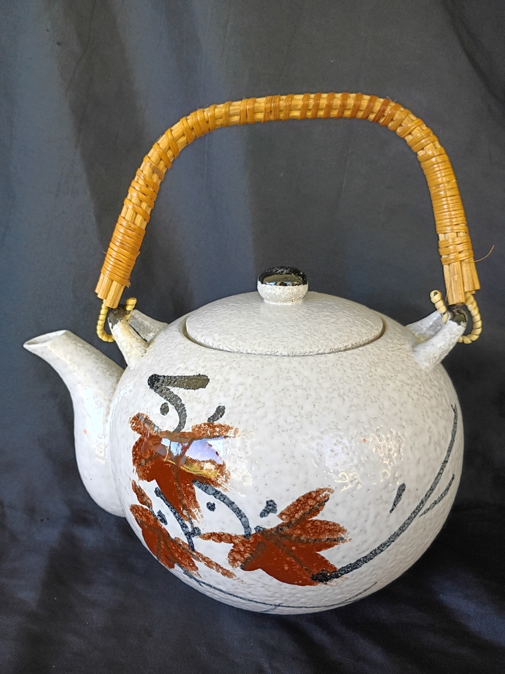 Vtg Ceramic Hand Painted Japanese Tea Pot Rattan Handle